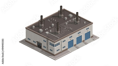 Isometric low-poly industrial building with garage doors and smoking chimneys