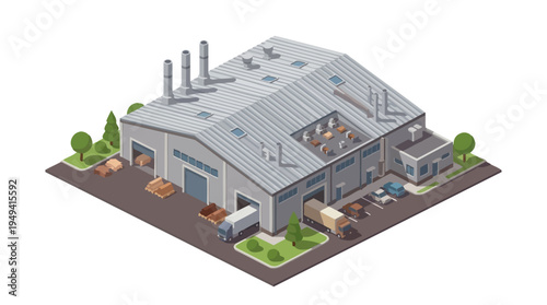 Isometric warehouse industrial building with loading docks and delivery trucks, illustration representing logistics and distribution
