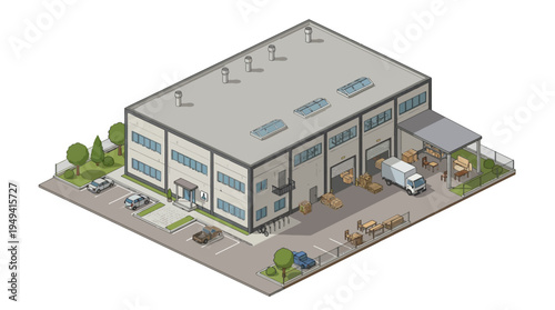 Isometric view of a modern industrial warehouse building with loading docks, delivery trucks, and parked cars, signifying logistics and supply chain operations