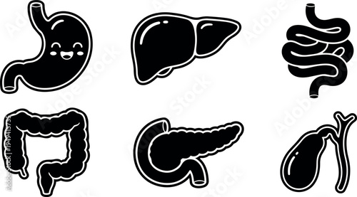 Black solid style vector icons set of human stomach liver intestine pancreas and gallbladder anatomy isolated on white background