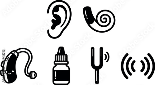 Black and white vector icons showing ear anatomy hearing aid ear drop bottle tuning fork and sound waves in minimal flat design style