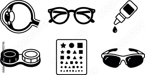 Flat design eye anatomy glasses contact lens solution icons including eye chart sunglasses lens case and eye dropper symbols arranged horizontally
