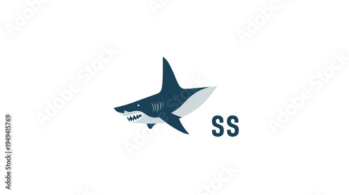 Stylized illustration of a shark. The shark is blue, white, and gray on a white background. "SS" next to it