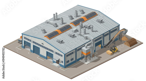 Industrial building with loading docks and a conveyor belt, representing manufacturing and logistics