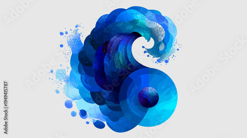 Abstract blue watercolor design with layered shapes, evoking the form of a cresting wave