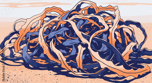 Abstract Coastal Illustration of Tangled Kelp and Seaweed on Sandy Beach