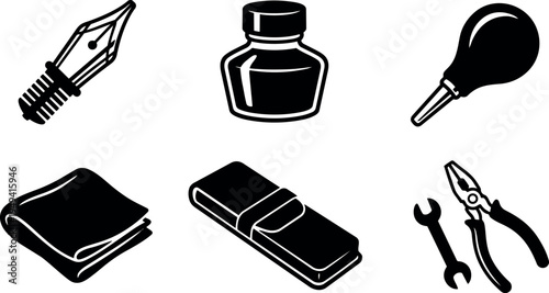 Black silhouette icons of pen nib ink bottle rubber bulb soft cloth leather case wrench and pliers tools illustration set