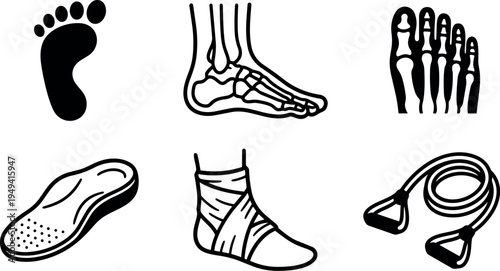 Black and white vector collection of foot sole anatomy skeleton wrapped ankle and fitness resistance band isolated on white background