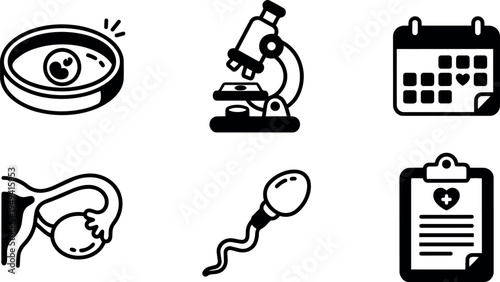 Flat design collection of fertility icons including microscope fertilized egg calendar ovulation sperm and medical clipboard symbols