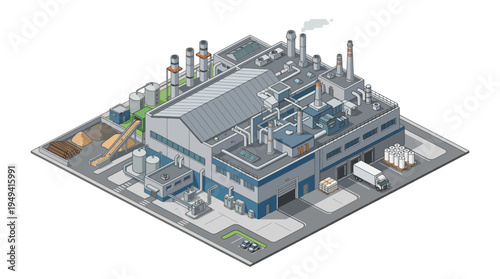 Isometric view of a modern industrial factory complex with production buildings and logistics areas