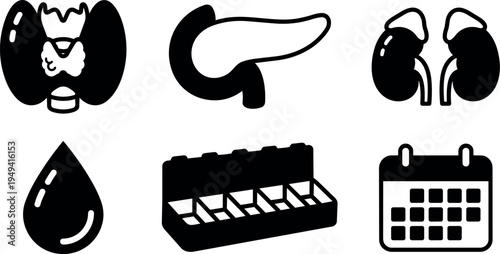 Black and white medical vector icons of thyroid kidney pancreas blood drop pill organizer and calendar in simple flat design