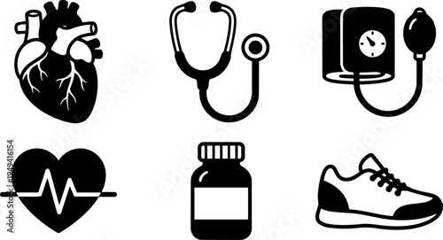 Black and white vector icons set with human heart stethoscope blood pressure monitor heartbeat medicine bottle and sports shoe