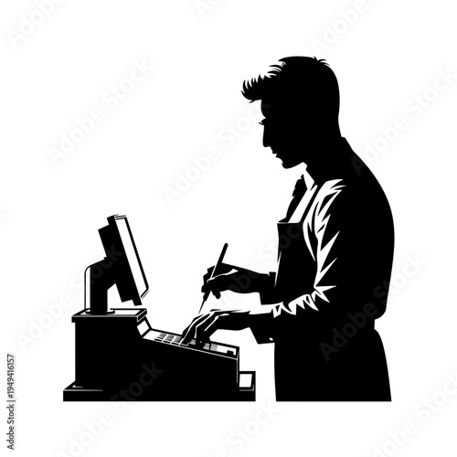 Monochrome retail worker silhouette operating a cash register for business operations, payment processing websites, store management blogs, and point of sale system graphics.