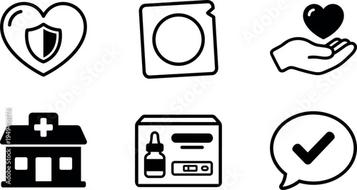 Black and white medical and health protection icons including heart shield condom hand hospital vaccine test speech check mark