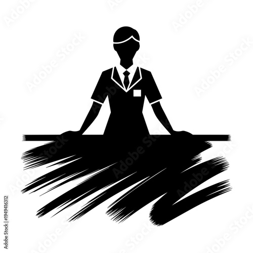 Minimalist Shop Assistant Silhouette Standing Behind Counter, Ideal for Retail Employee Graphic, Service Desk Symbol, Customer Service Staff, Front Desk Icon, and Business Websites