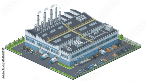 Industrial factory building illustration with loading docks and delivery trucks in a cityscape