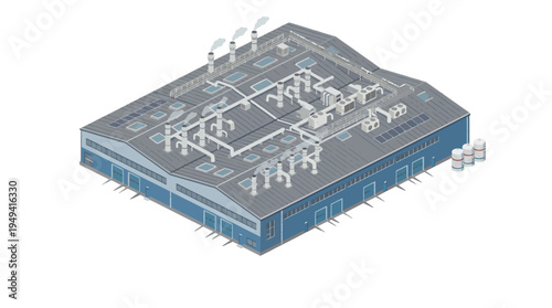 Isometric illustration of a large industrial factory building with complex pipework and ventilation systems on the roof