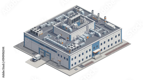 Isometric view of a modern industrial building with ventilation systems and a delivery truck outside