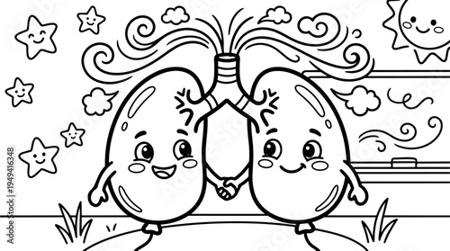 Cute cartoon lungs holding hands with happy faces smiling surrounded by stars sun and swirling air wind vectors