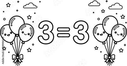 Cute smiling balloons with faces grouped in threes showing equality symbol in black line art style with stars and clouds