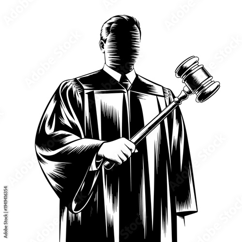 Monochromatic Faceless Judge Holding Gavel, the concept of Impartial Justice and Judicial Authority for Legal Ethics Visuals, Courtroom Decision Emblems, and Law Firm Websites.