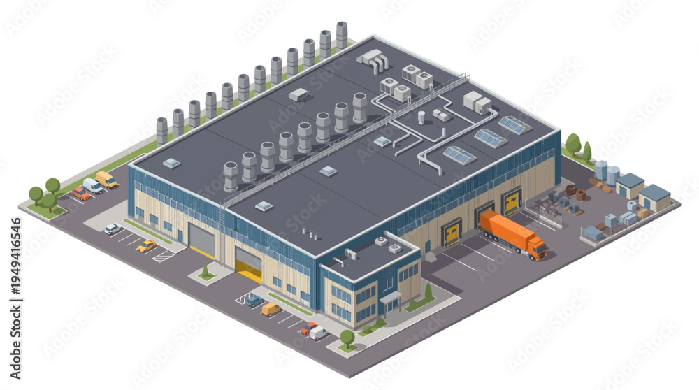 Obraz premium Isometric illustration of a modern industrial warehouse building with loading docks and a truck