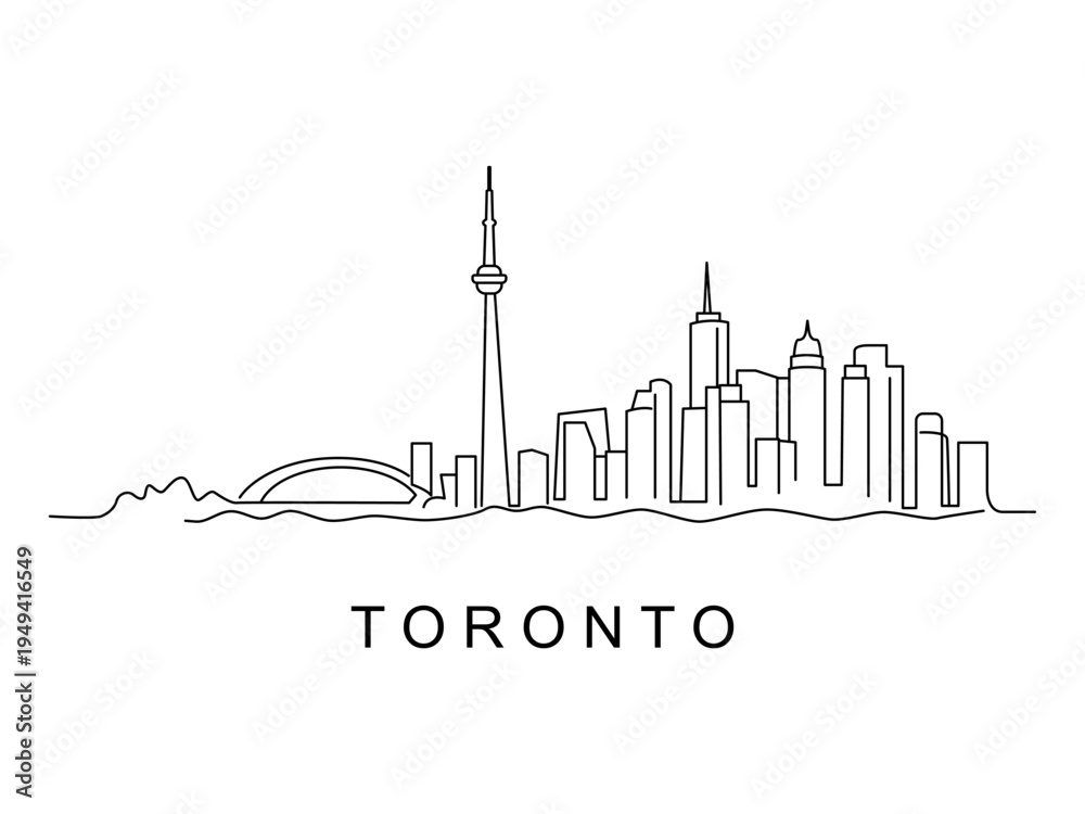Fototapeta premium Linear panorama of Canada's capital, the city of Toronto. Downtown and cityscape with modern skyscrapers and a park. Flat vector illustration.