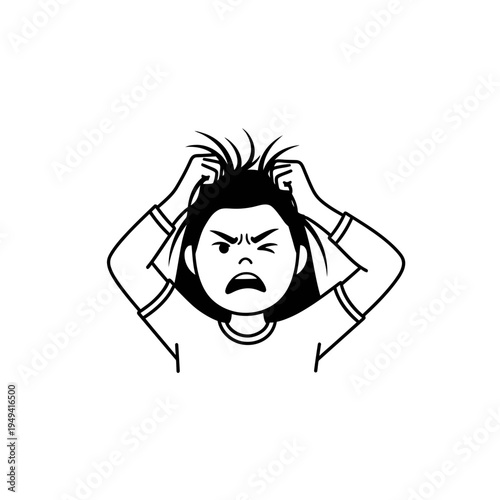 Frustrated Woman Pulling Hair Outline Drawing vector illustration