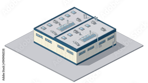 Isometric view of a modern industrial building with skylights and ventilation systems on a concrete pad