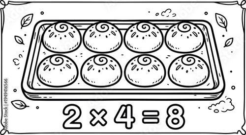 Black and white line art eight round buns on tray with multiplication equation two times four equals eight simple educational design