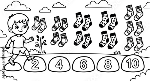Black and white vector art of smiling boy stepping on numbered stones counting pairs of patterned socks in educational outdoor scene