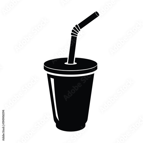 Black Silhouette of a Disposable Cup with Straw on White Background