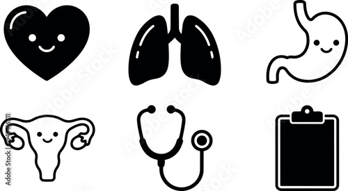 Cute smiling heart lungs stomach uterus icons with stethoscope and clipboard medical vector illustration set