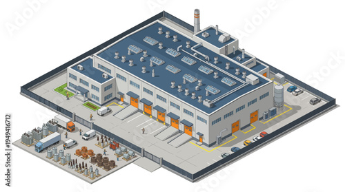 Isometric view of a modern industrial warehouse building complex with loading docks and surrounding storage area, showcasing logistics and manufacturing operations