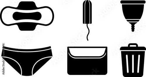 Black silhouette icons of menstrual hygiene products including pad tampon menstrual cup underwear and trash bin collection set