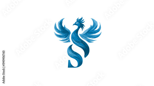 A stylized blue bird with outstretched wings, resembling a phoenix, rising from a stylized S