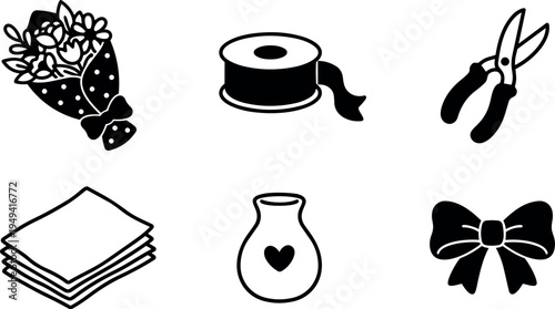 Minimalist black and white vector icons of floral bouquet ribbon scissors fabric sheets heart vase and bow flat design