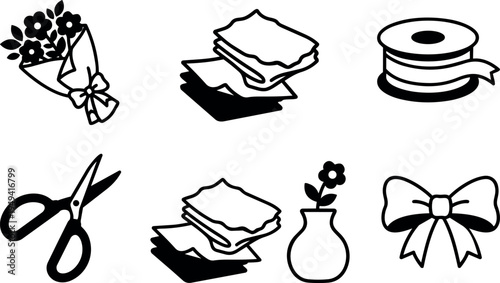 Black and white flat design icons of bouquet scissors ribbon bow flower vase and folded napkins set vectors