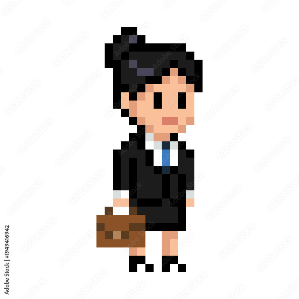 Fototapeta premium Pixel art businesswoman with briefcase - retro 8bit office worker character sprite