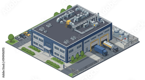 Modern industrial warehouse and logistics facility with trucks and loading bays in an isometric view