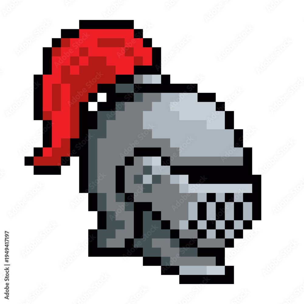 Fototapeta premium Pixel art medieval knight helmet with red plume - retro 8bit fantasy armor icon