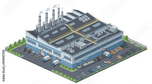 Isometric View of a Modern Factory Building with Loading Docks, Delivery Trucks, and Industrial Supplies, Illustrating Manufacturing and Logistics Operations