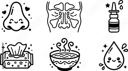 Cute smiling nose icon with hearts charming nasal sinus diagram and nasal spray with tissue and warm steaming bowl with water drop vector art
