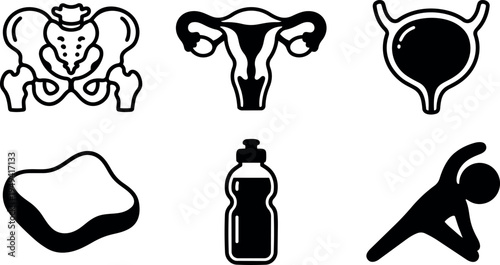 Black and white minimalist icons of human pelvis uterus bladder soap bottle and person stretching vector art set