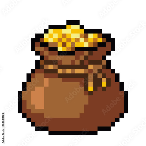 Gold bag pixel art – retro 8bit treasure sack game asset