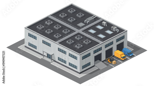 Isometric view of a commercial warehouse with loading docks and delivery trucks, illustrating logistics and distribution