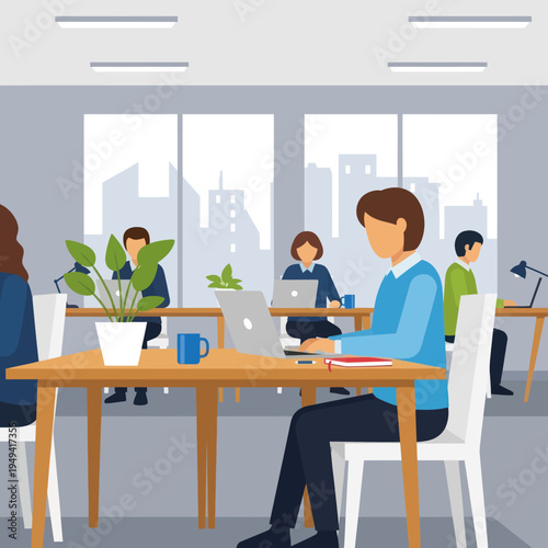 Modern Office Space with Employees Working at Desks.