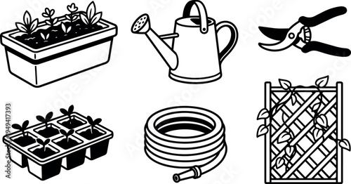 Black and white line art gardening tools and seedlings including watering can pruning shears hose and trellis with vines in vector style