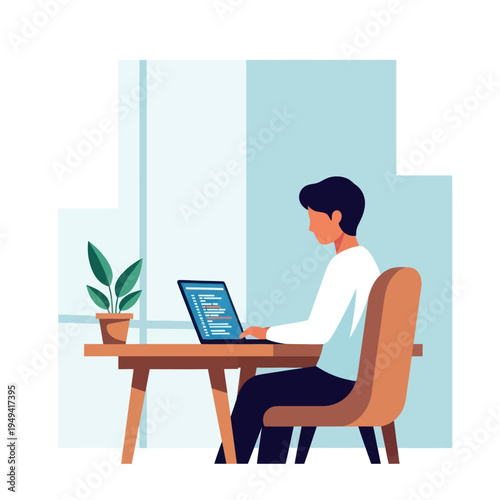 Man working on laptop at desk in bright room.