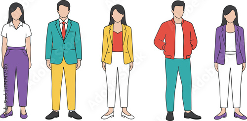 Stylized vector illustration of five fashionable individuals in diverse outfits showcasing modern color-coordinated clothing styles